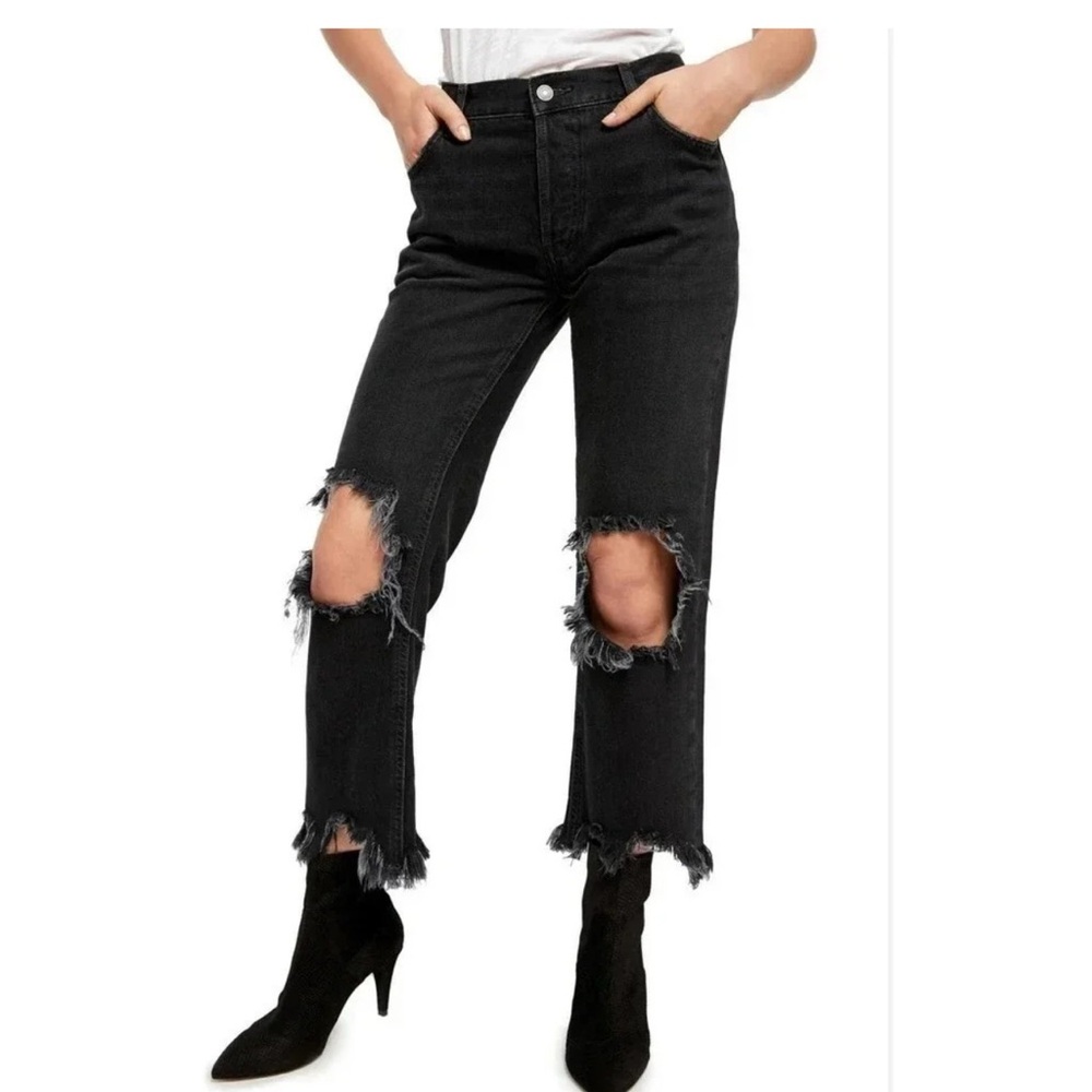 We The FREE PEOPLE Maggie Mid Rise Straight Leg Distressed Denim Black 29 - Picture 2 of 11